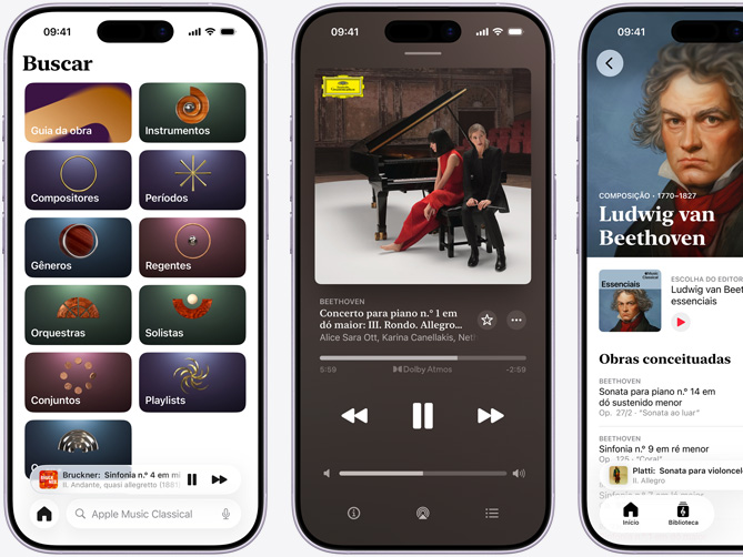 O iPhone à esquerda exibe a aba Explorar do Apple Music Classical com a aba Catálogo selecionada, mostrando as categorias Compositores, Períodos, Gêneros, Regentes, Orquestras, Solistas, Conjuntos e Corais. O iPhone no centro exibe a reprodu??o do Concerto para piano no 1 em dó maior, op. 15: III. Rondo. Allegro scherzando, de Beethoven, em Dolby Atmos. O iPhone à direita mostra a página do compositor Ludwig van Beethoven.