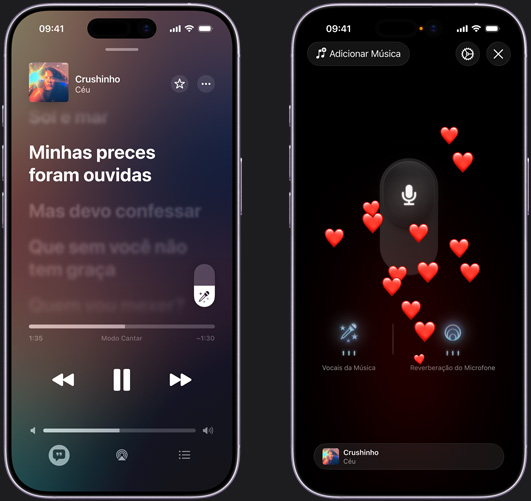 O iPhone à esquerda mostra o modo Apple Music Sing com a música “Crushinho” de Céu. O iPhone à direita mostra o modo Apple Music Sing com emojis de cora??o subindo na tela, o ícone de microfone no meio da tela e ícones “Vocais da Música” e “Reverbera??o do Microfone” na parte inferior