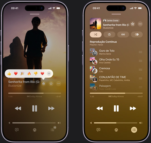O iPhone à esquerda mostra a música “Senhorita from Rio” de Illusionize e Brave Culture tocando na tela do iPhone com op??es de rea??o de emojis, incluindo polegar para cima, cora??o, comemora??o, polegar para baixo ou outra rea??o. O iPhone à direita mostra uma playlist colaborativa chamada Hawaii Playlist com várias músicas adicionadas por diferentes pessoas