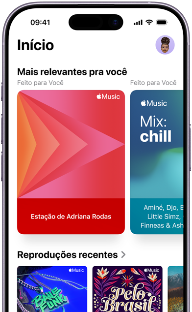 Aba Início do Apple Music na tela do iPhone, carrossel Mais Relevantes para Você com esta??es personalizadas de Jenny Court e playlists