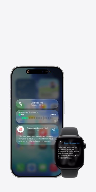 iPhone 17 Pro affichant une séance d’écoute en temps réel en cours avec des sous-titres pour le son capté et Apple Watch Series 11 affichant les sous-titres en direct produits avec ce même enregistrement