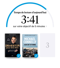 écran d’iPhone montrant l’interface des objectifs de lecture dans l’app Livres. Dans la partie supérieure se trouve l’anneau de progression d’un objectif de lecture. Trois couvertures de livres s’affichent juste en dessous. Elles sont suivies d’un message indiquant qu’un livre de plus est nécessaire pour atteindre l’objectif annuel de huit livres en 2024.