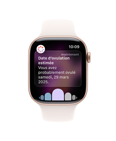 Apple Watch Series 11, bo?tier en aluminium, or rose, notification d’estimation de la date d’ovulation, c?té droit : Digital Crown, bracelet sport rose tendre