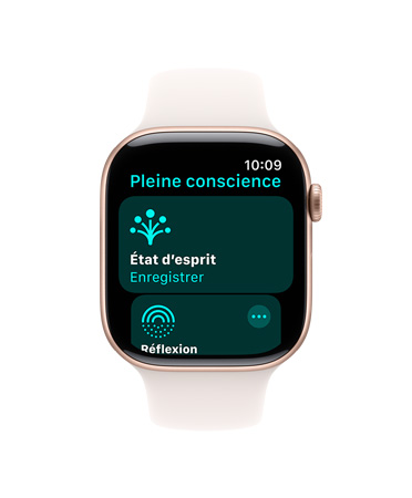 Apple Watch Series 11, bo?tier en aluminium, or rose, app Pleine conscience ouverte, c?té droit : Digital Crown, bracelet sport rose tendre