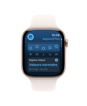 Apple Watch Series 11, bo?tier en aluminium, or rose, app Signes vitaux, tableau de données de santé, notification de données de santé nocturne typique, c?té droit : Digital Crown, bracelet sport rose tendre