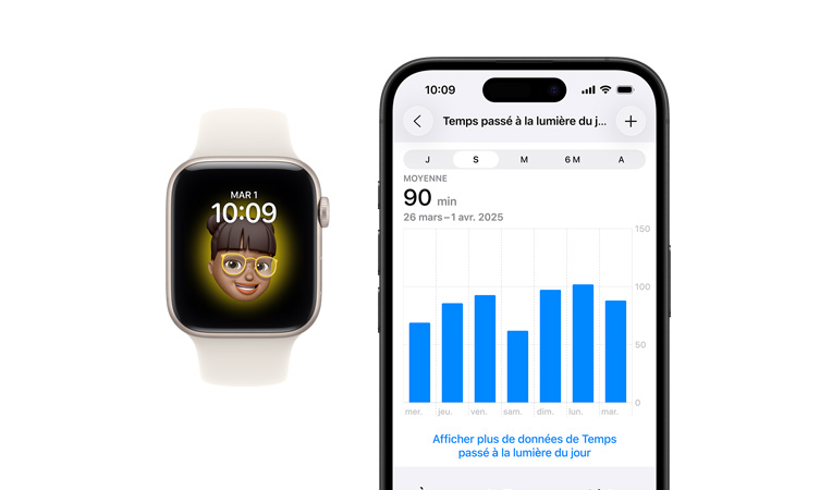 Apple Watch SE 3, bo?tier en aluminium, comète, cadran Memoji, iPhone, onglet de partage des données de santé affichant le temps passé à la lumière du jour en heures.