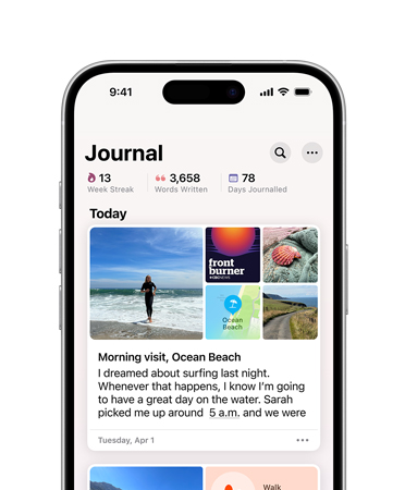 Journal app open to daily journal entry, pictures of a beach day and text about dreams on iPhone