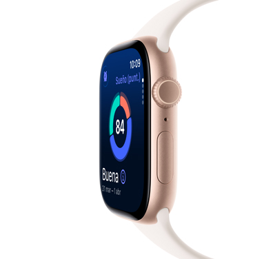 Vista lateral de un Apple Watch Series 11 de aluminio color oro rosa con la Puntuación de Sue?o y otros datos dinámicos en la pantalla.