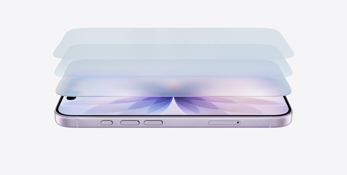 Vista en ángulo lateral de un iPhone 17 color lavanda en horizontal, con un dise?o que muestra las capas de Ceramic Shield 2