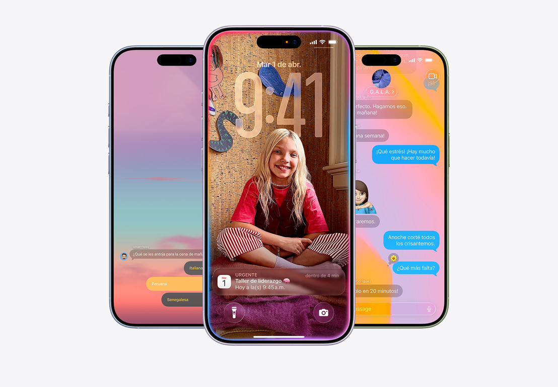 Pantalla de un iPhone que muestra el aviso para filtrar una llamada, pantalla de un iPhone que muestra un aviso de Calendario sobre un fondo personalizado con la foto de una ni?a, pantalla de un iPhone que muestra Mensajes con dise?o de Liquid Glass