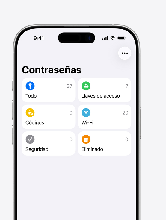 Pantalla de un iPhone que muestra el menú de Contrase?as con las opciones Todo, Llaves de acceso, Códigos, Wi-Fi, Seguridad, Eliminado