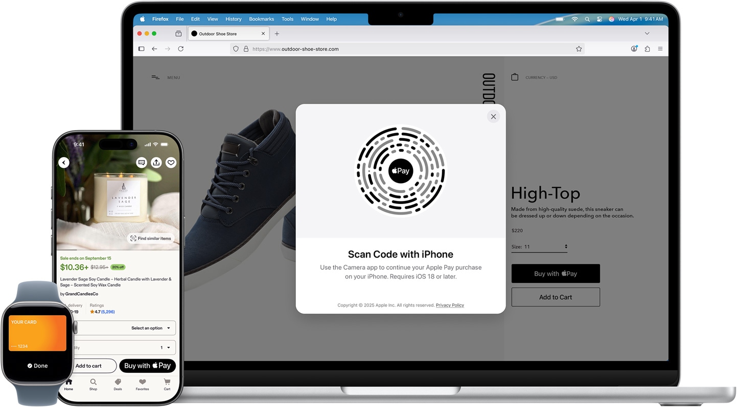 Apple Watch, iPhone a?MacBook vedle sebe. Na Apple Watch je zobrazená kreditní karta American Express. Na iPhonu je otev?ená produktová stránka na Etsy se sví?kou a?mo?ností zaplatit pomocí Apple?Pay. Na MacBooku je zobrazená produktová stránka z?webu Outdoor Shoe Store a?p?ekryvné okno Apple Pay s?QR kódem, jeho? pomocí m??e zákazník zaplatit nákup iPhonem.