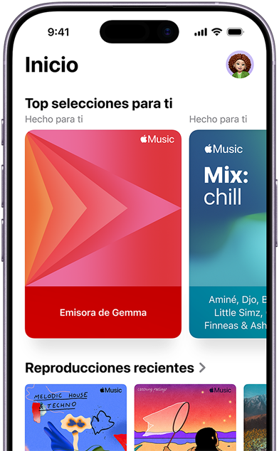 La pesta?a Inicio de Apple Music en un iPhone, con el carrusel Top Selecciones para Ti, en el que se ven las emisoras y listas de reproducción personalizadas de Elena Alonso
