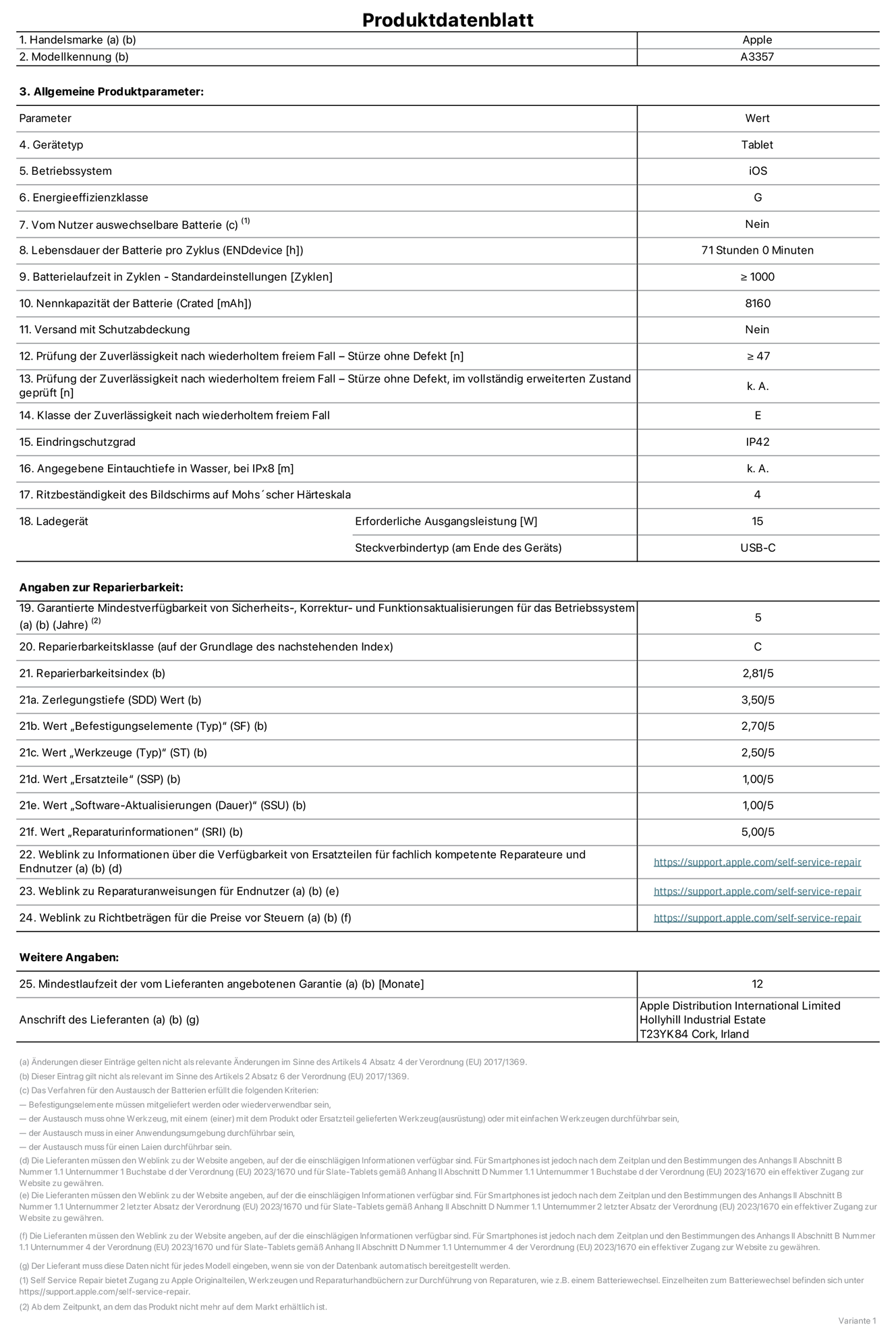 Produktinformationsblatt für 11" iPad Pro Wi?Fi, Modell A3357. Bereitgestellt von Apple Distribution International Limited, Hollyhill Industrial Estate. Cork, Irland, T23 YK84. Ger?tetyp: Tablet. Betriebssystem: iOS. Energieeffizienzklasse: G. Vom Benutzer auswechselbare Batterie: nein. Batterielaufzeit pro Zyklus: 71 Std. Batterielaufzeit in Zyklen – Standardeinstellungen: ≥ 1.000. Nennkapazit?t der Batterie: 8.160 mAh. Versand mit Schutzabdeckung: nein. Prüfung der Zuverl?ssigkeit nach wiederholtem freiem Fall – Stürze ohne Defekt: ≥ 47. Prüfung der Zuverl?ssigkeit nach wiederholtem freiem Fall – Stürze ohne Defekt, im vollst?ndig erweiterten Zustand geprüft: nicht zutreffend. Klasse der Zuverl?ssigkeit nach wiederholtem freiem Fall: E. Eindringschutzgrad: IP42. Angegebene Eintauchtiefe in Wasser, bei iPx8: nicht zutreffend. Ritzbest?ndigkeit des Displays auf Mohs’scher H?rteskala: 4. Erforderliche Ausgangsleistung des Ladeger?ts: 15 W. Anschluss Ladeger?t (am Ende des Ger?ts): USB?C. Garantierte Mindestverfügbarkeit von Sicherheits?, Korrektur? und Funktionsaktualisierungen für das Betriebssystem: 5 Jahre. Reparierbarkeitsklasse: C. Reparierbarkeitsindex: 2,81/5. Wert ?Zerlegungstiefe“ (SDD): 3,50/5. Wert ?Befestigungselemente“: 2,70/5. Wert ?Werkzeuge“: 2,50/5. Wert ?Ersatzteile“: 1,00/5. Wert ?Software-Aktualisierungen“: 1,00/5. Wert ?Reparaturinformationen“: 5,00/5. Weblink zu Informationen über die Verfügbarkeit von Ersatzteilen für fachlich kompetente Reparaturanbieter und Endnutzer:innen: https://support.apple.com/self-service-repair. Weblink zu Reparaturanweisungen für Endnutzer:innen: https://support.apple.com/self-service-repair. Weblink zu Richtbetr?gen für die Preise vor Steuern: https://support.apple.com/self-service-repair. 12 Monate angebotene allgemeine Garantie.
