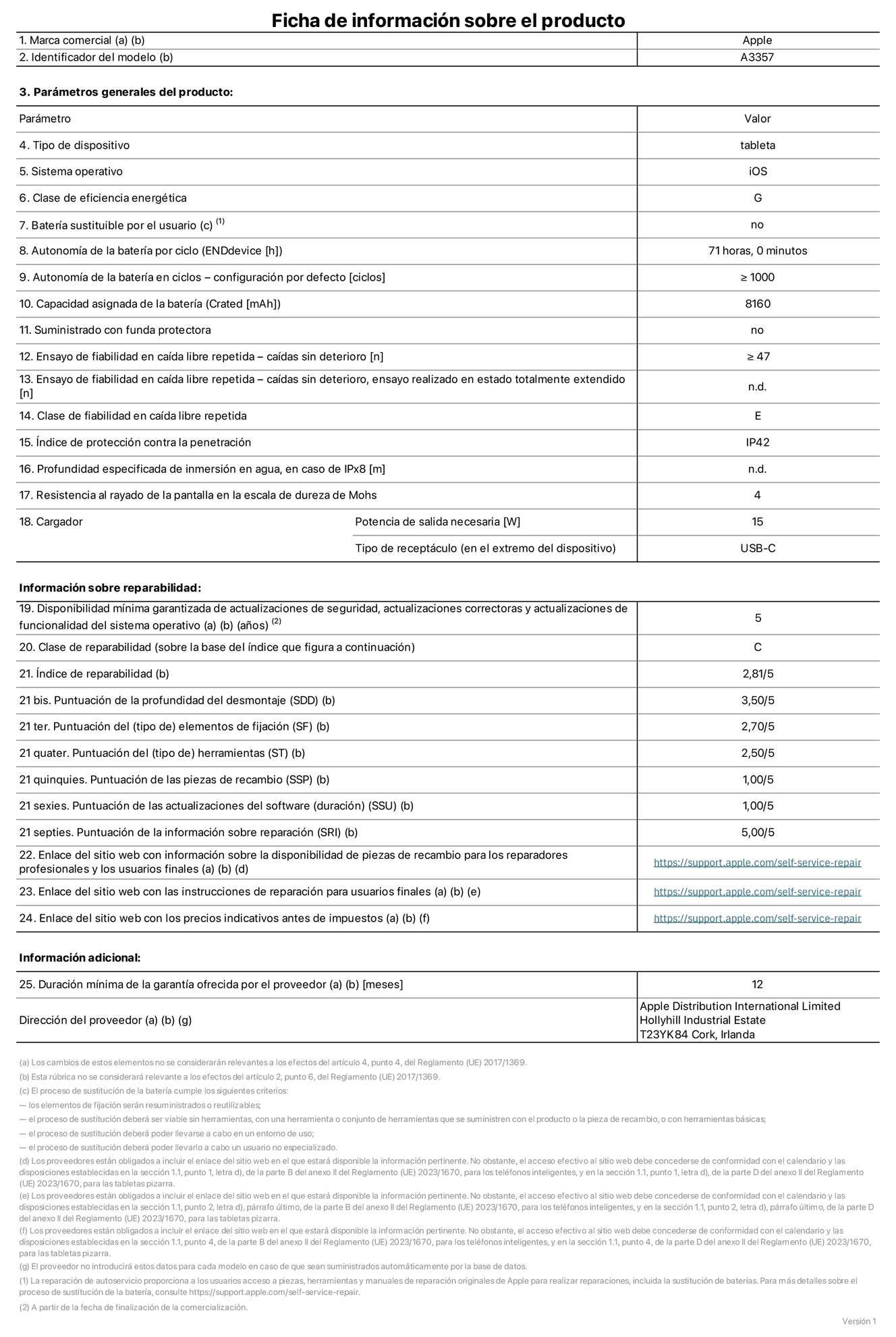 Ficha de información de producto del iPad Pro (M5, Wi?Fi) de 11 pulgadas, modelo A3357. Suministrado por Apple Distribution International Limited con sede en Hollyhill Industrial Estate, T23 YK84 Cork (Irlanda). Tipo de dispositivo: Tablet. Sistema operativo: iOS. Clase de eficiencia energética: G. Batería sustituible por el usuario: No. Autonomía de la batería por ciclo: 71 horas. Autonomía de la batería en ciclos (configuración por defecto): ≥ 1.000. Capacidad asignada de la batería: 8.160 mAh. Suministrado con funda protectora: No. Caídas sin deterioro en ensayo de fiabilidad en caída libre repetida: ≥ 47. Caídas sin deterioro en ensayo de fiabilidad en caída libre repetida realizado en estado totalmente extendido: No aplicable. Clase de fiabilidad en caída libre repetida: E. índice de protección contra la penetración: IP42. Profundidad especificada de inmersión en agua, en caso de iPx8: No aplicable. Resistencia al rayado de la pantalla en la escala de dureza de Mohs: 4. Potencia de salida necesaria del cargador: 15 W. Tipo de receptáculo del cargador (en el extremo del dispositivo): USB?C. Disponibilidad mínima garantizada de actualizaciones de seguridad, correctoras y de funcionalidad del sistema operativo: 5 a?os. Clase de reparabilidad: C. índice de reparabilidad: 2,81/5. Puntuación de la profundidad del desmontaje (SDD): 3,50/5. Puntuación de los elementos de fijación: 2,70/5. Puntuación de las herramientas: 2,50/5. Puntuación de las piezas de recambio: 1,00/5. Puntuación de las actualizaciones de software: 1/5. Puntuación de la información sobre reparación: 5/5. Enlace del sitio web con información sobre la disponibilidad de piezas de recambio para reparadores profesionales y usuarios finales: https://support.apple.com/self-service-repair. Enlace del sitio web con las instrucciones de reparación para usuarios finales: https://support.apple.com/self-service-repair. Enlace del sitio web con los precios indicativos antes de impuestos: https://support.apple.com/self-service-repair. Se ofrece una garantía general de 12 meses.