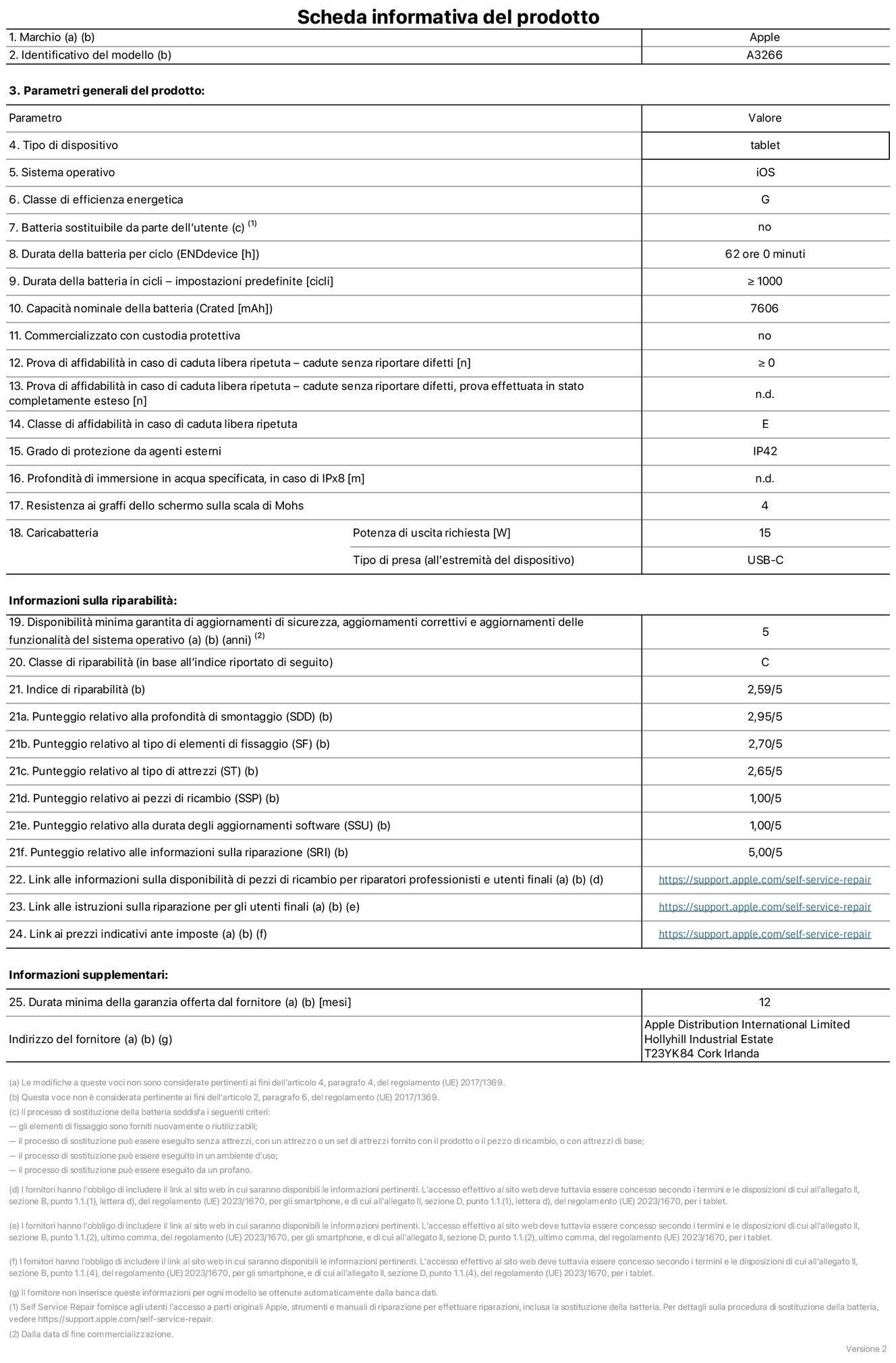 Scheda informativa del prodotto per iPad Air 11 pollici Wi-Fi, modello A3266. Fornito da Apple UK Ltd, 100 New Bridge Street, EC4V 6JA Londra. Tipo di dispositivo: tablet. Sistema operativo: iOS. Classe di efficienza energetica per Standard Dynamic Range: G. Durata della batteria: 62 ore. Durata della batteria in cicli: maggiore o uguale a 1000. Capacità nominale della batteria: 7606 mAh. Prova di affidabilità in caso di caduta libera ripetuta (cadute senza riportare difetti): maggiore o uguale a 0. Classe di affidabilità nel caso di caduta libera ripetuta: E. Grado di protezione da agenti esterni: IP42. Resistenza ai graffi dello schermo sulla scala di Mohs: 4. Potenza di uscita richiesta per il caricabatterie: 15W. Tipo di presa (all’estremità del dispositivo): USB-C. Disponibilità minima garantita di aggiornamenti di sicurezza, aggiornamenti correttivi e aggiornamenti delle funzionalità del sistema operativo: 5 anni. Classe di riparabilità: C. Indice di riparabilità: 2,59 su 5. Punteggio relativo alla profondità di smontaggio: 2,95 su 5. Punteggio relativo al tipo di elementi di fissaggio: 2,70 su 5. Punteggio relativo al tipo di attrezzi: 2,65 su 5. Punteggio relativo ai pezzi di ricambio: 1,00 su 5. Punteggio relativo alla durata degli aggiornamenti software: 1,00 su 5. Punteggio relativo alle informazioni sulla riparazione: 5,00 su 5. Link alle informazioni sulla disponibilità di pezzi di ricambio per riparatori professionisti e utenti finali: https://support.apple.com/self-service-repair. Link alle istruzioni sulla riparazione per gli utenti finali: https://support.apple.com/self-service-repair. Link ai prezzi indicativi ante imposte: https://support.apple.com/self-service-repair. è prevista una garanzia generale di 12 mesi.
