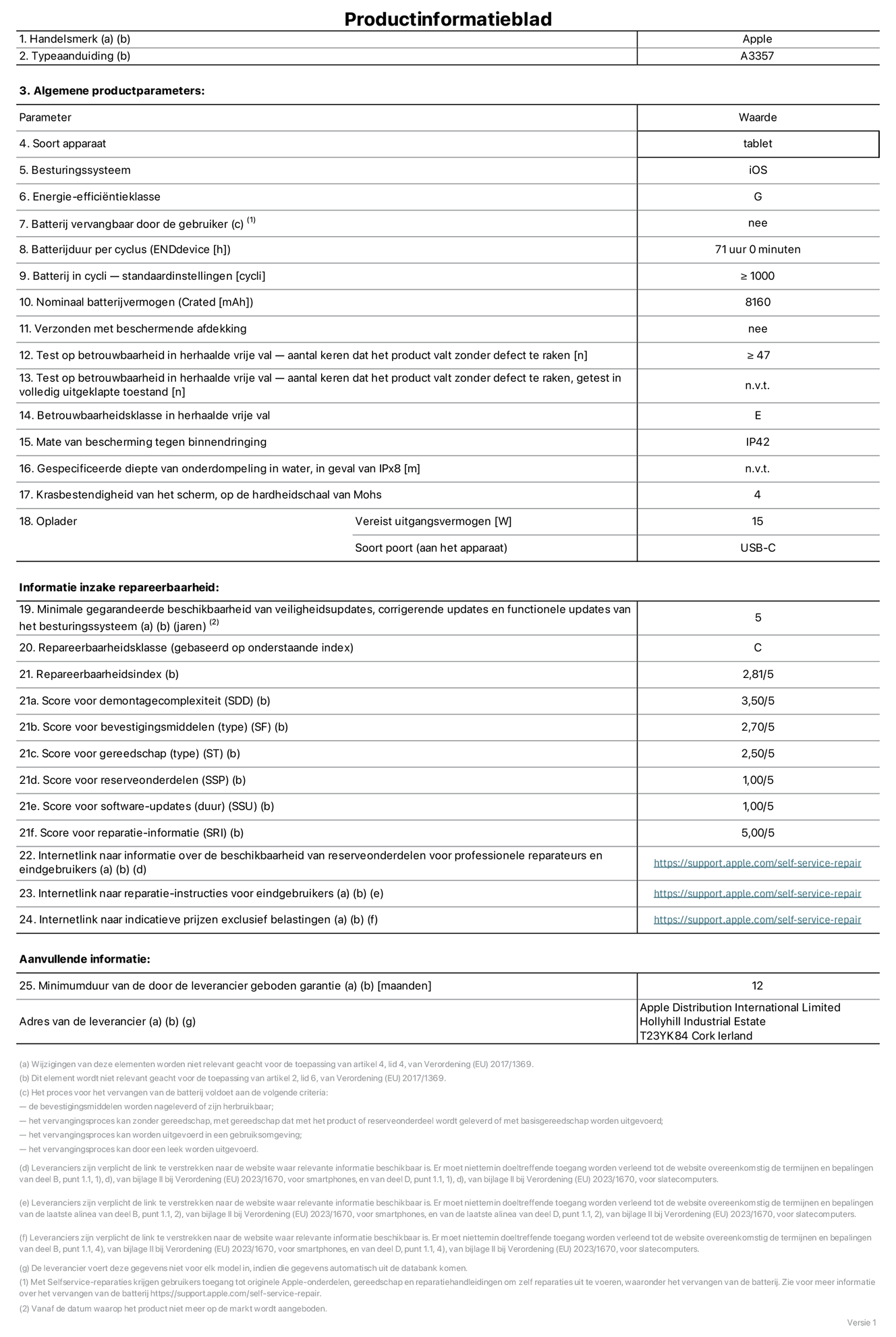 Productinformatieblad voor 11-inch iPad Pro (M5) (Wi-Fi), model A3357. Verstrekt door Apple Distribution International Limited, Hollyhill Industrial Estate. Cork, Ierland, T23 YK84. Type device: tablet. Besturingssysteem: iOS. Energie-effici?ntieklasse: G. Batterij door de gebruiker te vervangen: nee. Batterijduur per cyclus: 71 uur. Batterijduur in cycli, standaardinstellingen: groter dan of gelijk aan 1000. Nominale batterijcapaciteit: 8160 mAh. Geleverd met beschermhoesje: nee. Herhaalde betrouwbaarheidstest voor vrije val, valpartijen zonder defect: groter dan of gelijk aan 47. Herhaalde betrouwbaarheidstest voor vrije val, valpartijen zonder defect getest in volledig verlengde staat: niet van toepassing. Herhaalde vrije val betrouwbaarheidsklasse: E. Beschermingsklasse: IP42. Gespecificeerde dompeldiepte in water, in geval van iPx8: niet van toepassing. Krasbestendigheid van het scherm op de hardheidsschaal van Mohs: 4. Uitgangsvermogen vereist voor oplader: 15 watt. Type opladeraansluiting (aan het uiteinde van het apparaat): USB-C. Minimale gegarandeerde beschikbaarheid van beveiligingsupdates van het besturingssysteem, corrigerende updates en functionaliteitsupdates: 5 jaar. Repareerbaarheidsklasse: C. Repareerbaarheidsindex: 2,81/5. Score demontagediepte (SDD): 3,50/5. Score sluitingen: 2,70/5. Gereedschapsscore: 2,50/5. Score reserveonderdelen: 1,00/5. Score software-updates: 1,00/5. Score reparatiegegevens: 5,00/5. Weblink naar informatie over de beschikbaarheid van reserveonderdelen voor professionele reparaties en eindgebruikers: https://support.apple.com/self-service-repair. Weblink voor reparatie-instructies voor eindgebruikers: https://support.apple.com/self-service-repair. Weblink naar indicatieve prijzen vóór belasting: https://support.apple.com/self-service-repair. Inclusief 12 maanden algemene garantie.