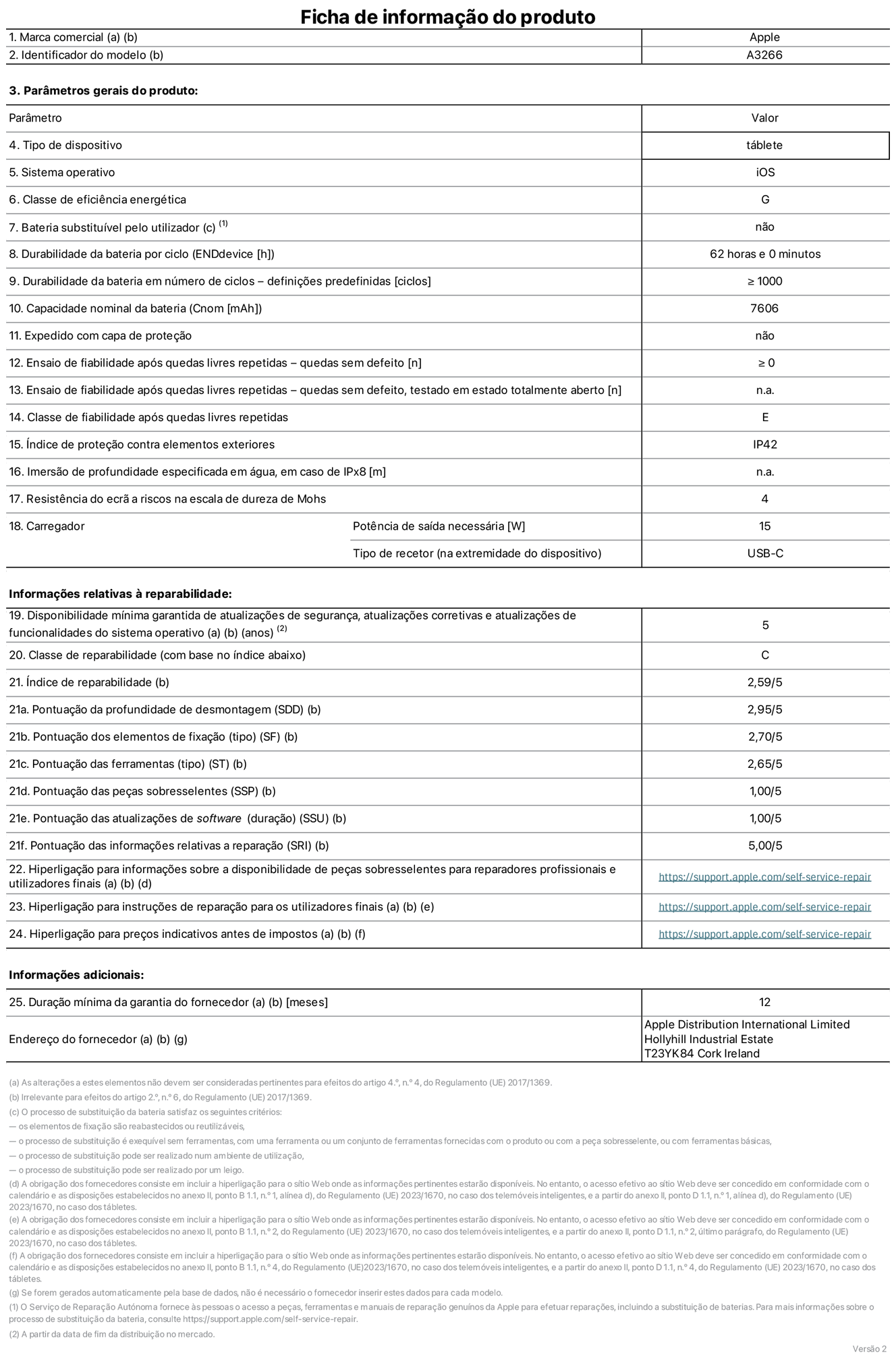 Folha de informa??es do produto para o iPad Air de 11 polegadas Wi-Fi. Modelo A3266. Fornecido pela Apple UK Ltd, 100 New Bridge Street, Londres EC4V 6JA. Tipo de dispositivo: tablet. Sistema operativo: iOS. Classe de eficiência energética para a gama dinamica padr?o: G. Autonomia da bateria de 62 horas. Autonomia da bateria em ciclos: ≥ 1000. Capacidade nominal da bateria: 7606 mAh. Teste de fiabilidade após quedas livres repetidas - quedas sem defeito: ≥ 0. Classe de fiabilidade após quedas livres repetidas: E. Prote??o contra elementos exteriores: IP42. Resistência do ecr? a riscos na escala de dureza de Mohs: 4. Potência de saída necessária do carregador de 15 W. Tipo de recetor do carregador: USB-C. Disponibilidade mínima garantida de atualiza??es de seguran?a, atualiza??es corretivas e atualiza??es de funcionalidades do sistema operativo: 5 anos. Classe de reparabilidade: C. índice de reparabilidade: 2,59/5. Pontua??o da profundidade de desmontagem: 2,95/5. Pontua??o dos elementos de fixa??o (tipo): 2,70/5. Pontua??o das ferramentas: 2,65/5. Pontua??o das pe?as sobresselentes: 1,00/5. Pontua??o das atualiza??es de software: 1,00/5. Pontua??o das informa??es relativas a repara??o: 5,00/5. Hiperliga??o para informa??es sobre a disponibilidade de pe?as sobresselentes para reparadores profissionais e utilizadores finais: https://support.apple.com/self-service-repair. Hiperliga??o para instru??es de repara??o para utilizadores finais: https://support.apple.com/self-service-repair. Hiperliga??o para pre?os indicativos antes de impostos: https://support.apple.com/self-service-repair. Oferta de garantia geral de 12 meses.