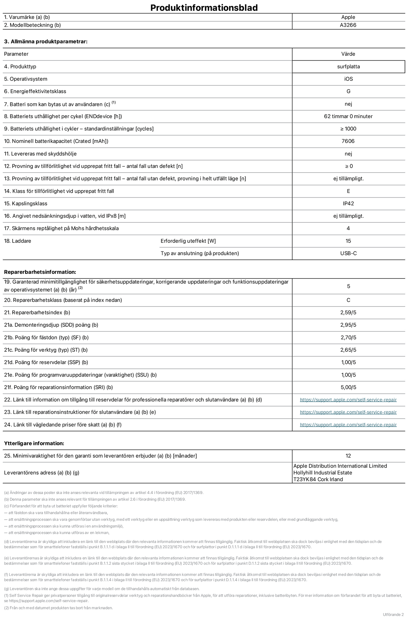 Produktinformationsblad f?r 11-tums iPad Air Wi-Fi, modell A3266. Tillhandah?lls av Apple UK Ltd, 100 New Bridge Street, London EC4V 6JA. Enhetstyp: surfplatta. Operativsystem: iOS. Energieffektivitetsklass f?r Standard Dynamic Range: G. Batteritid: 62 timmar. Batteriets livsl?ngd i antal cykler: ≥ 1000. Nominell batterikapacitet: 7606 mAh. Tillf?rlitlighetstest vid upprepat fritt fall – antal fall utan defekter: ≥ 0. Tillf?rlitlighet vid upprepat fritt fall: klass E. IP-klass: IP42. Sk?rmens rept?lighet enligt Mohs h?rdhetsskala: 4. Laddare – uteffekt som kr?vs: 15 W. Typ av uttag p? laddaren: usb-c. Garanterad minimiperiod f?r tillg?ng till s?kerhetsuppdateringar, korrigerande uppdateringar och funktionsuppdateringar av operativsystemet: 5 ?r. Reparerbarhetsklass: C. Reparerbarhetsindex: 2,59/5. Po?ng f?r demonteringsdjup: 2,95/5. Po?ng f?r f?sten (typ): 2,70/5. Po?ng f?r verktyg: 2,65/5. Po?ng f?r reservdelar: 1,00/5. Po?ng f?r mjukvaruuppdateringar: 1,00/5. Po?ng f?r reparationsinformation: 5,00/5. L?nk till information om tillg?ngliga reservdelar f?r professionella reparat?rer och slutanv?ndare: https://support.apple.com/self-service-repair. L?nk till reparationsanvisningar f?r slutanv?ndare: https://support.apple.com/self-service-repair. L?nk till v?gledande priser f?re skatt: https://support.apple.com/self-service-repair. Produkten omfattas av 12 m?naders garanti.