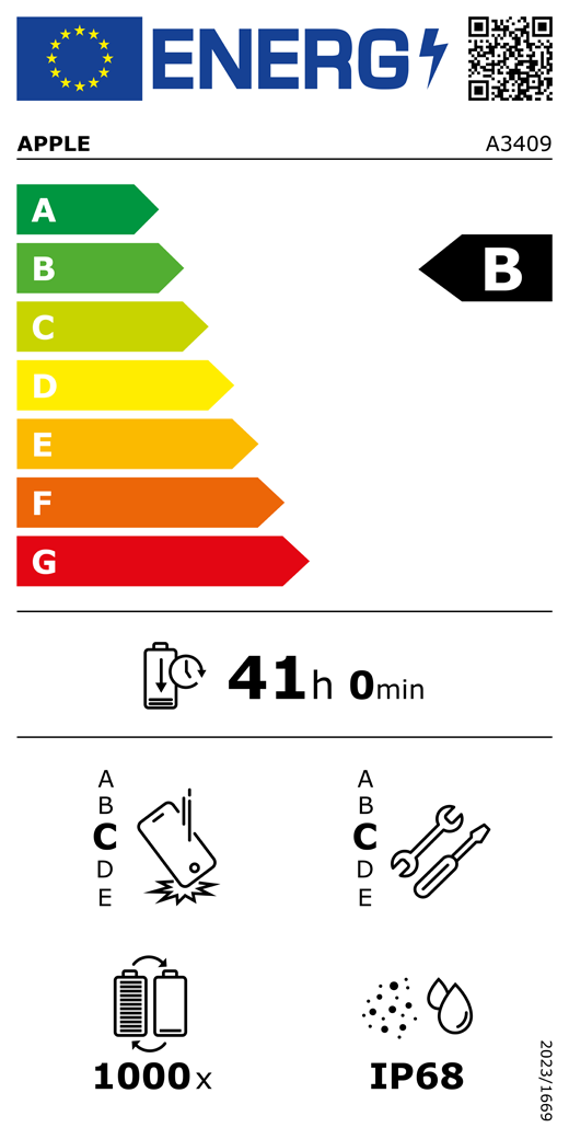 EU Energy Label QR code and information, Apple model A3409, class B, energy efficiency classes (with a scale from A to G), A (most efficient) to G (least efficient), battery endurance per cycle, 41 hours and 0 minutes per full battery charge, repeated free fall reliability class C, A (most robust) to E (least robust), repairability class C, A (most repairable) to E (least repairable), 1000 battery endurance in cycles, dust and water ingress protection (IP) rating IP68, regulation 2023/1669.