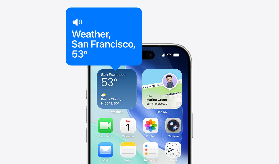 écran d’accueil d’un iPhone, ic?ne du widget météo lu à voix haute par VoiceOver