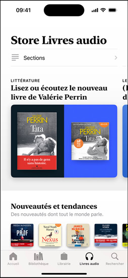 écran d’iPhone montrant la section Découvrir plus d’auteurs noirs et d’autrices noires dans l’app Livres, qui comprend une présentation d’auteurs noirs et d’autrices noires publiés. En-dessous se trouve la section Nouveau et à venir, qui comprend deux livres audio