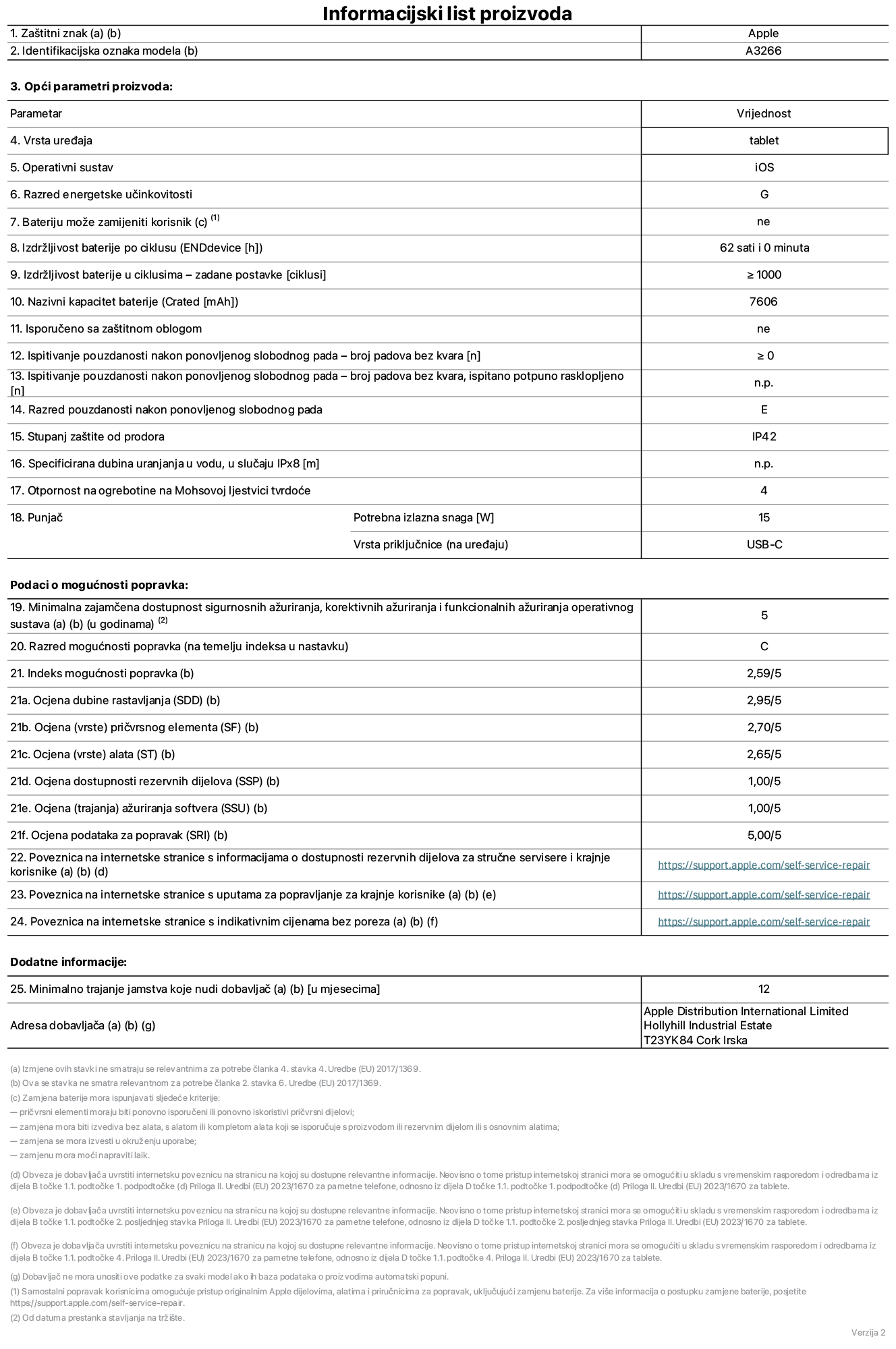 List s informacijama o proizvodu za 11-in?ni iPad Air Wi-Fi. Model A3266. Isporu?uje Apple UK Ltd, 100 New Bridge Street, London EC4V 6JA. Vrsta ure?aja: tablet. Operacijski sustav: iOS. Klasa energetske u?inkovitosti za standardni dinami?ki raspon: G. Trajanje baterije: 62 sata. Trajanje baterije u ciklusima: ≥ 1000. Nazivni kapacitet baterije: 7606 mAh. Test pouzdanosti ponavljanim slobodnim padovima – padovi bez kvarova: ≥ 0. Klasa pouzdanosti pri ponavljanim slobodnim padovima: E. Za?tita od prodiranja: IP42. Otpornost na grebanje zaslona na Mohsovoj ljestvici tvrdo?e: 4. Potrebna izlazna snaga punja?a: 15?W. Tip uti?nice punja?a: USB-C. Minimalna zajam?ena dostupnost sigurnosnih a?uriranja operacijskog sustava, korektivnih a?uriranja i a?uriranja funkcionalnosti: 5 godina. Klasa popravljivosti: C. Indeks popravljivosti: 2,59/5. Ocjena dubine rastavljanja: 2,95/5. Ocjena pri?vrsnih elemenata (tip): 2,70/5. Ocjena alata: 2,65/5. Ocjena rezervnih dijelova: 1,00/5. Ocjena a?uriranja softvera: 1,00/5. Ocjena informacija o popravcima: 5,00/5. Internetska poveznica prema informacijama o dostupnosti rezervnih dijelova za profesionalne servisere i krajnje korisnike: https://support.apple.com/self-service-repair. Internetska poveznica prema uputama za popravljanje za krajnje korisnike: https://support.apple.com/self-service-repair. Internetska poveznica prema indikativnim cijenama prije poreza: https://support.apple.com/self-service-repair. Ponu?eno je 12-mjese?no op?enito jamstvo.