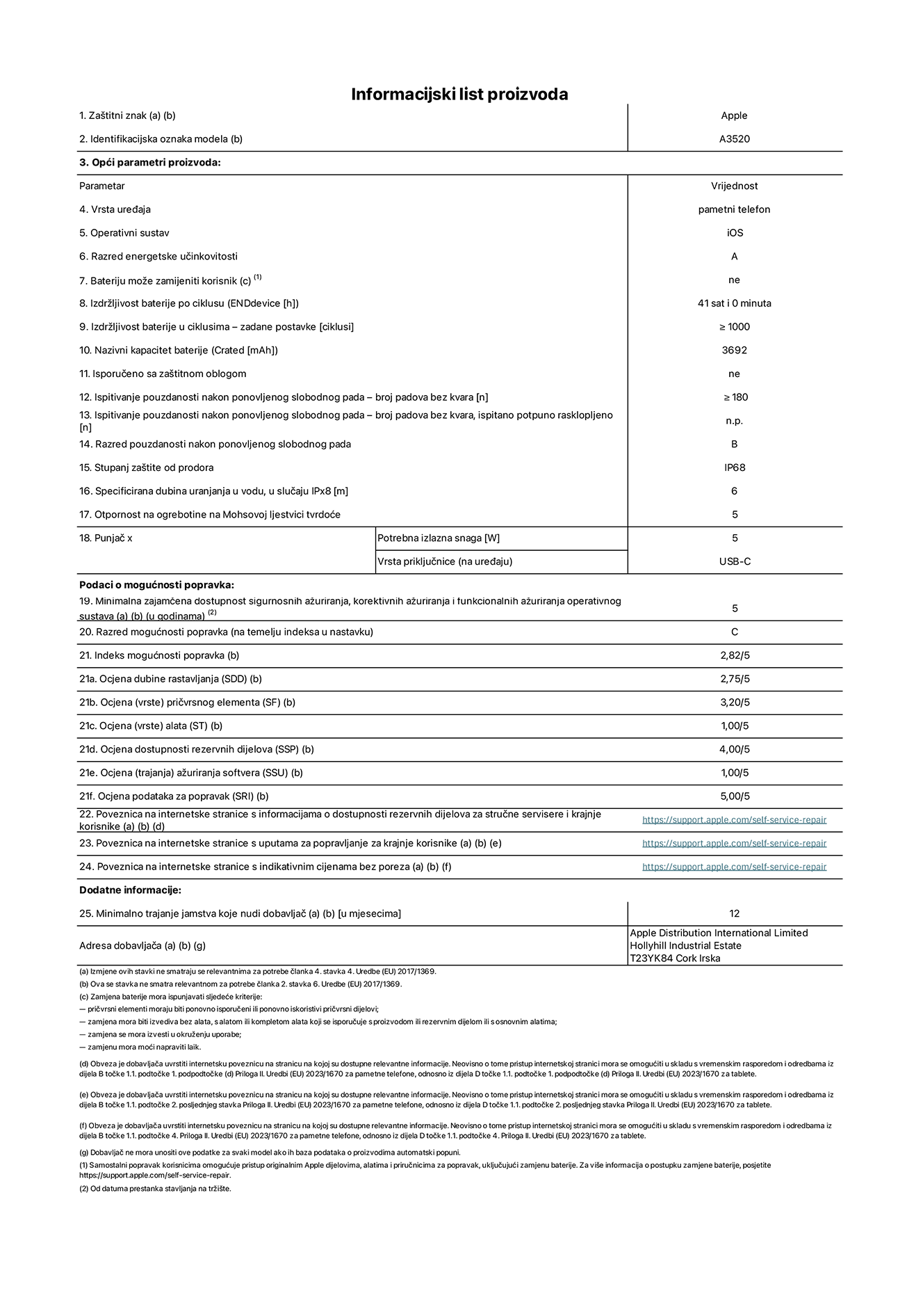 List s informacijama o proizvodu za iPhone 17, model A3520. Isporu?uje Apple Distribution International Limited, Hollyhill Industrial Estate. Cork, Irska, T23 YK84. Vrsta ure?aja: pametni telefon. Operacijski sustav: iOS. Razred energetske u?inkovitosti: A. Korisni?ki zamjeniva baterija: ne. Izdr?ljivost baterije po ciklusu: 41 sat. Trajanje baterije u ciklusima - zadane postavke: 1000 ili vi?e. Nazivni kapacitet baterije: 3692 miliamper-sata. Isporu?uje se za za?titnim pokrovom: ne. Test pouzdanosti pri vi?ekratnim slobodnim padovima – broj padova bez kvara: 180 ili vi?e. Test pouzdanosti pri vi?ekratnim slobodnim padovima – broj padova bez kvara testiranih u potpuno pro?irenom stanju: nije primjenjivo. Razred pouzdanosti pri vi?ekratnim slobodnim padovima: B. Ocjena za?tite od prodora: IP68. Specificirana dubina uranjanja u vodu u slu?aju ocjene iPx8:  6 metara. Otpornost na grebanje zaslona na Mohsovoj ljestvici tvrdo?e: 5. Potrebna izlazna snaga punja?a: 5 vata. Vrsta uti?nice za punja? (na ure?aju): USB-C. Minimalna zajam?ena dostupnost sigurnosnih a?uriranja, korektivnih a?uriranja i a?uriranja funkcija operacijskog sustava: 5 godina. Razred popravljivosti: C. Indeks popravljivosti: 2,82/5. Ocjena dubine rastavljanja (SSD):  2,75/5. Ocjena pri?vrsnih elemenata: 3,20/5. Ocjena alata: 1,00/5. Ocjena rezervnih dijelova: 4,00/5. Ocjena a?uriranja softvera: 1,00/5. Ocjena informacija o popravcima: 5,00/5. Veza na informacije o dostupnosti rezervnih dijelova za profesionalne servisere i krajnje korisnike: https://support.apple.com/self-service-repair. Veza na upute za popravljanje za krajnje korisnike: https://support.apple.com/self-service-repair. Veza na indikativne cijene prije poreza: https://support.apple.com/self-service-repair. Ponu?eno je 12-mjese?no op?enito jamstvo.