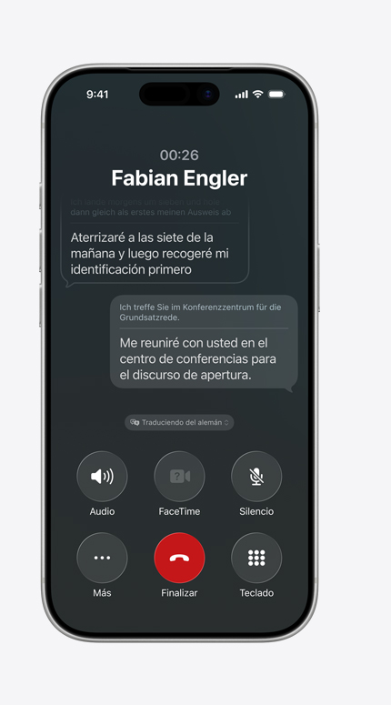 Pantalla de un iPhone que muestra cómo Traducción en Vivo traduce un mensaje de alemán a espa?ol