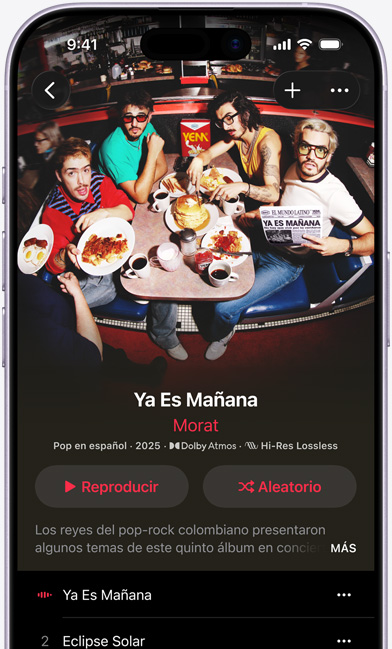 Pantalla de un iPhone que muestra el álbum 'Ya Es Ma?ana' de Morat en Apple Music