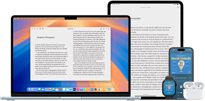 MacBook?Pro and iPad?Air display a page from the same ebook in the Books app. Apple?Watch and iPhone?15 screens display a book cover from the same audiobook. An AirPods?Pro case open to show both AirPods?Pro earbuds.