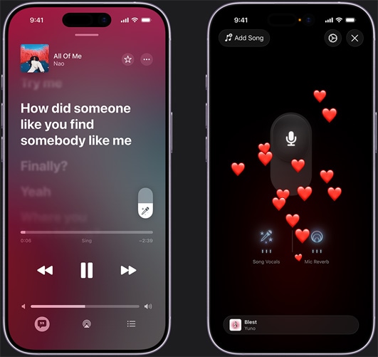 Po lewej stronie iPhone odtwarzaj?cy utwór Kapo i Myke'a Towersa ?ILY” w trybie Apple Music Sing, z do?u ekranu unosz? si? emotikony serc. Po prawej stronie iPhone z widocznym trybem Apple Music Sing i emotikonami serc unosz?cymi si? z do?u ekranu, ikon? mikrofonu na ?rodku ekranu oraz ikonami ?Song Vocals” i ?Mic Reverb” na dole ekranu.