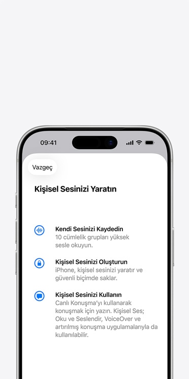Ki?isel Ses olu?turmaya ili?kin y?nergelerle birlikte Ki?isel Ses ?zelli?inin g?sterildi?i iPhone 17 Pro ekran?