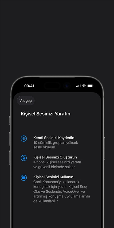 Ki?isel Ses olu?turmaya ili?kin y?nergelerle birlikte Ki?isel Ses ?zelli?inin g?sterildi?i iPhone 17 Pro ekran?