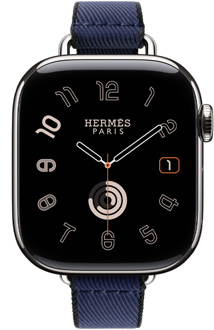 Apple Watch Hermès Series 11, titanium case, silver color, Radial watch face, Twill Jump Attelage Single Tour band, navy/noir color