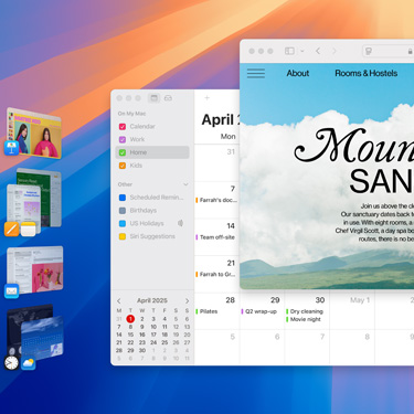 Multiple windows and apps displayed on a screen including Keynote, Pages, Mail, and a website featuring content about a serene sanctuary.