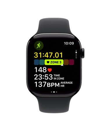 Apple Watch Series 11, aluminum case, polished jet black colour, Outdoor Run workout open, heart rate in Heart Zone 3, right side exterior: Digital Crown, black Sport Band