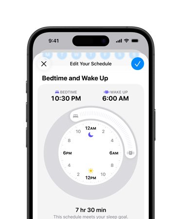 iPhone, Health app open to sleep schedule, bedtime set to 22:30, wake up set to 6:00, radial time dial in centre screen, 7 hr 30 min sleep goal met