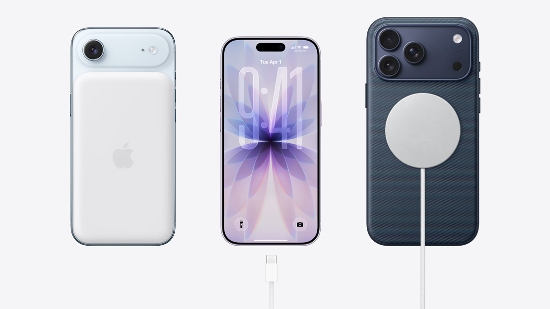 C?te à c?te. iPhone Air de dos connecté à une batterie MagSafe, iPhone 17 de face avec design tout écran, cable de charge USB-C à proximité du port de charge, iPhone 17 Pro de dos branché à un cable de charge MagSafe