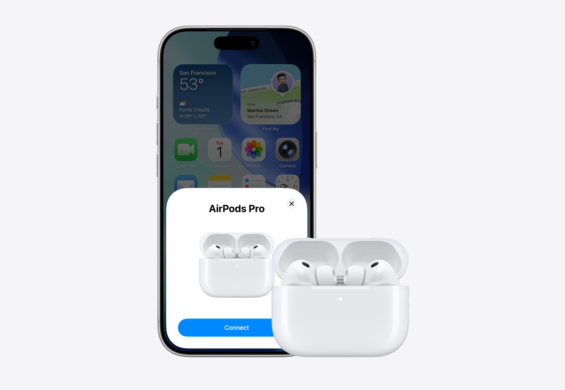 Face avant d’un iPhone, affichant le message de connexion d’une paire d’AirPods, AirPods disposés dans un bo?tier ouvert à c?té de l’iPhone