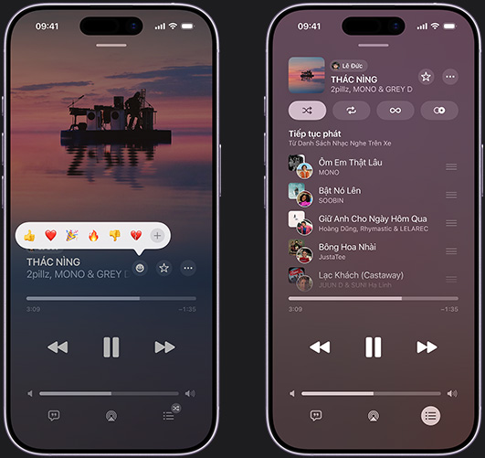 iPhone ? bên trái hi?n th? bài hát Don't Do Me Good c?a Madi Diaz và Kacey Musgraves ?ang ???c phát trên màn hình, v?i tùy ch?n bi?u c?m b?ng bi?u t??ng c?m xúc hi?n th? các l?a ch?n ngón tay cái h??ng lên, trái tim, ?n m?ng, ngón tay cái h??ng xu?ng ho?c thêm m?t bi?u c?m khác, iPhone ? bên ph?i hi?n th? playlist c?ng tác có tên là Danh Sách Nh?c Nghe Trên Xe v?i các bài hát ???c thêm b?i nh?ng ng??i c?ng tác khác